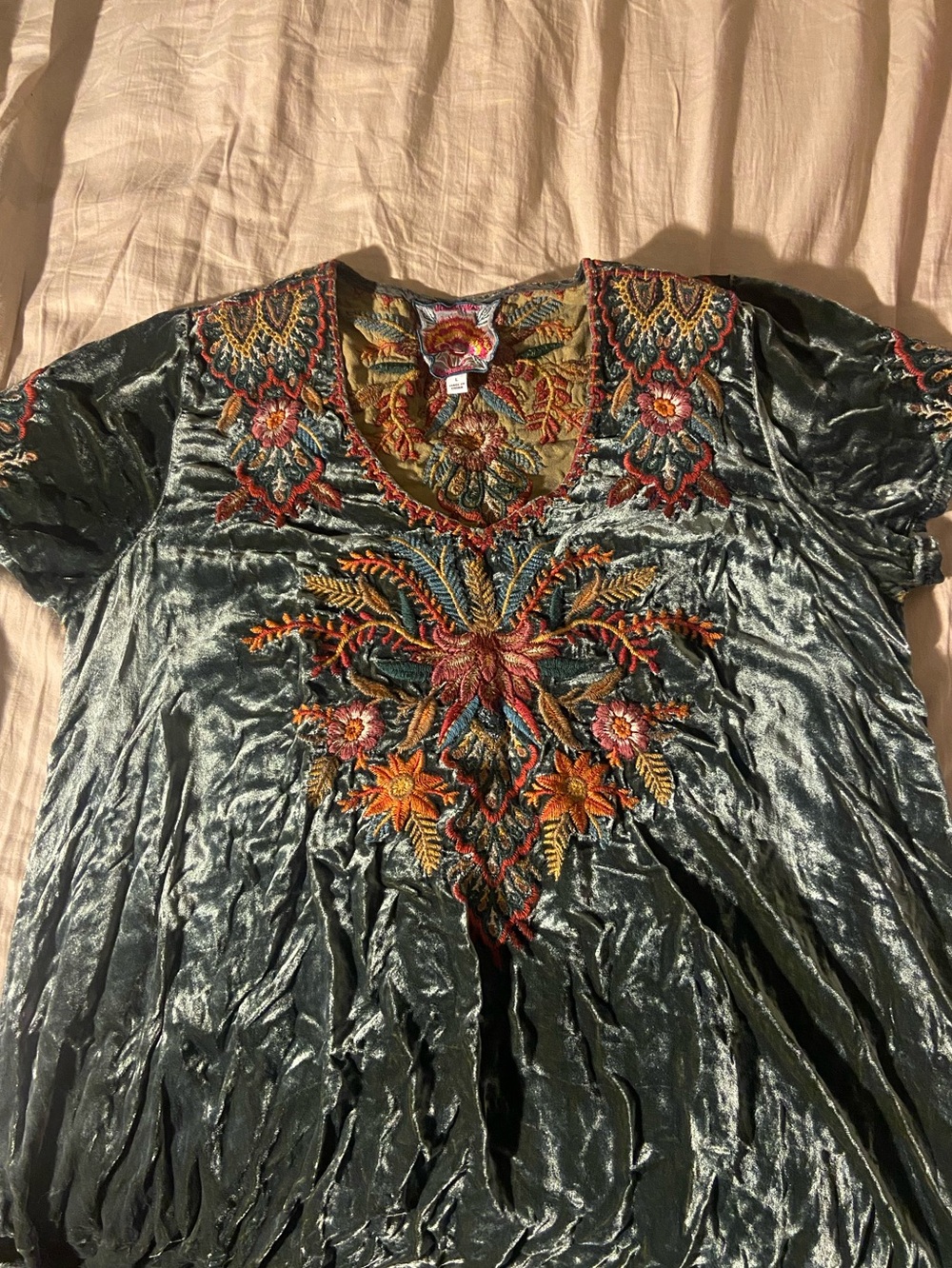 Johnny Was Dark Green Velvet Tunic with Multicolor Floral Embroidery